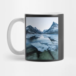 Ice Floating on Innerdalen Lake With Mountain Range on Freezing Winter Day Mug